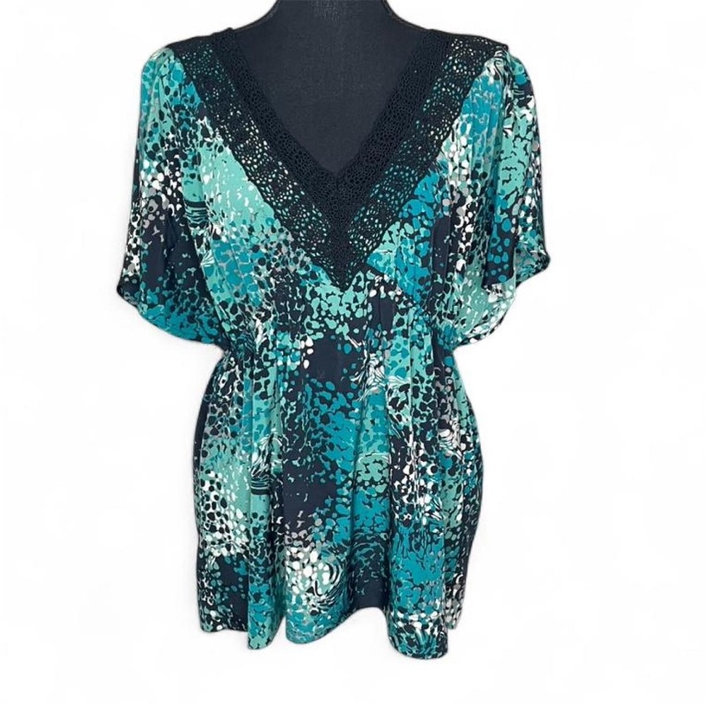 Elle Y2K Vintage Teal and Black Pattern Empire Waist Short Sleeve Blouse L